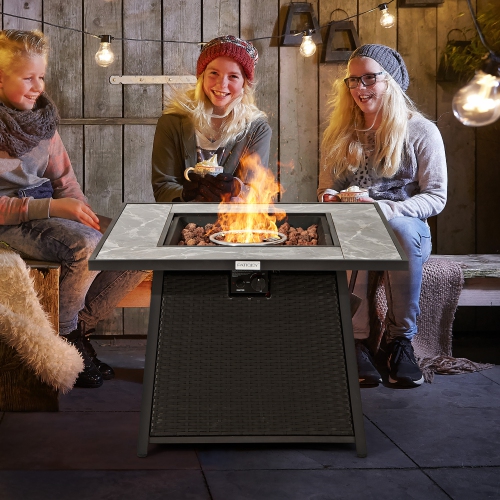 Costway 35" Propane Gas Fire Pit Table Patio PE Wicker Rattan w/ Lava Rocks PVC Cover