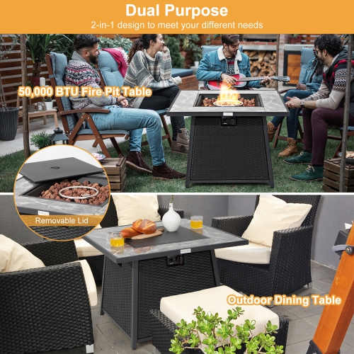 Costway 35" Propane Gas Fire Pit Table Patio PE Wicker Rattan w/ Lava Rocks PVC Cover