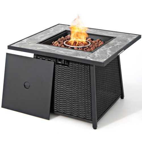 Costway 35" Propane Gas Fire Pit Table Patio PE Wicker Rattan w/ Lava Rocks PVC Cover