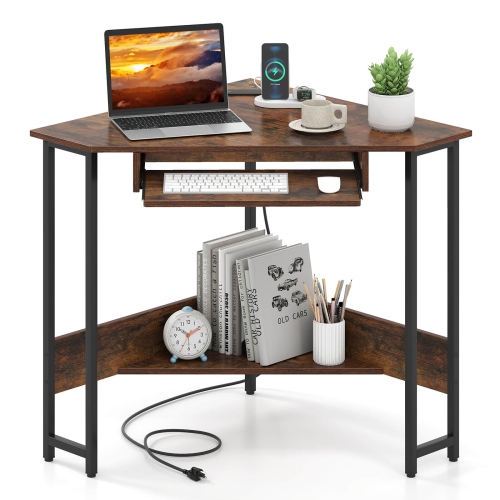 Costway Triangle Corner Computer Desk w/ Charging Station Keyboard Tray & Storage Shelf