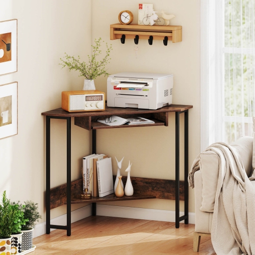 Costway Triangle Corner Computer Desk w/ Charging Station Keyboard Tray & Storage Shelf