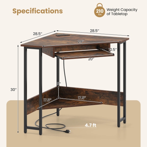 Costway Triangle Corner Computer Desk w/ Charging Station Keyboard Tray & Storage Shelf