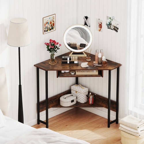 Costway Triangle Corner Computer Desk w/ Charging Station Keyboard Tray & Storage Shelf