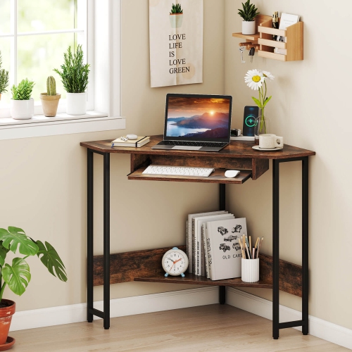 Costway Triangle Corner Computer Desk w/ Charging Station Keyboard Tray & Storage Shelf