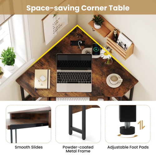 Costway Triangle Corner Computer Desk w/ Charging Station Keyboard Tray & Storage Shelf