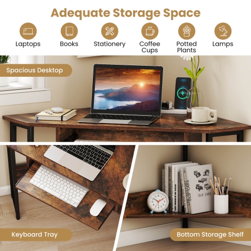 Costway Triangle Corner Computer Desk w/ Charging Station Keyboard Tray & Storage Shelf