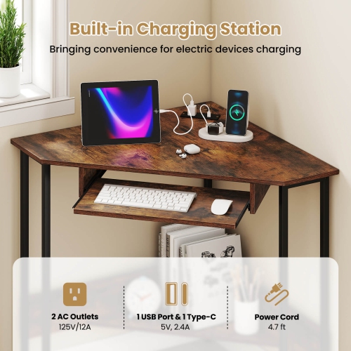 Costway Triangle Corner Computer Desk w/ Charging Station Keyboard Tray & Storage Shelf