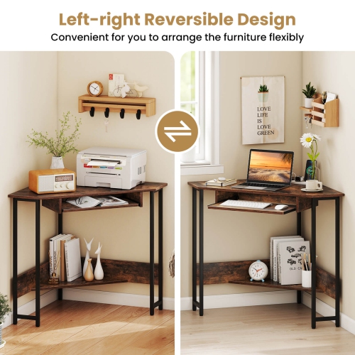 Costway Triangle Corner Computer Desk w/ Charging Station Keyboard Tray & Storage Shelf