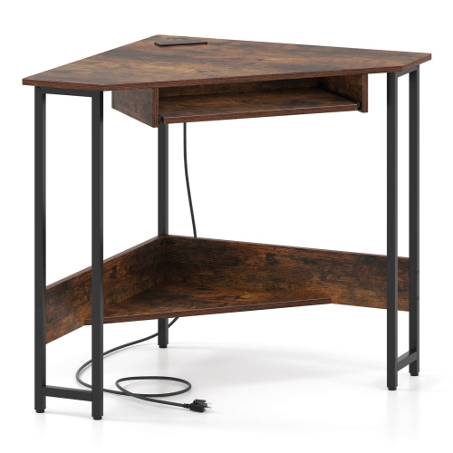 Costway Triangle Corner Computer Desk w/ Charging Station Keyboard Tray & Storage Shelf