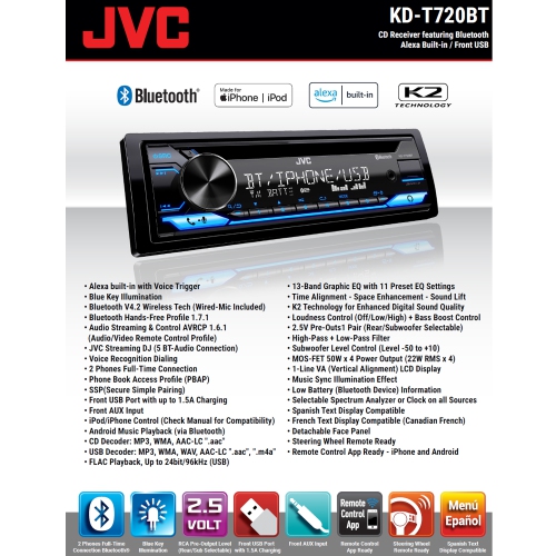 JVC KD-T720BT Lecteur CD/Radio pour Tableau de Bord Bluetooth pour Voiture, Noir
