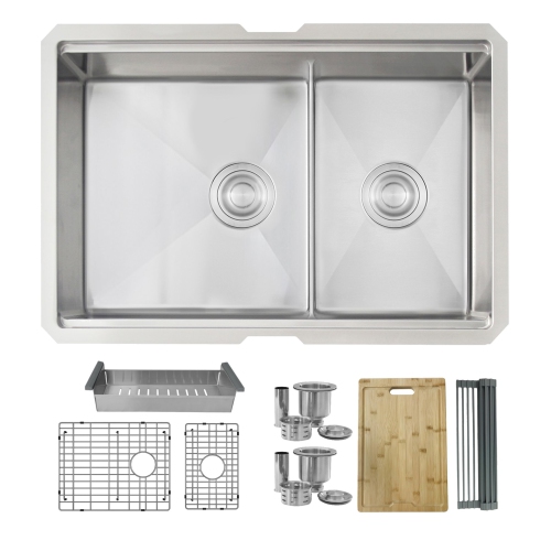 STYLISH 28 inch Workstation 60/40 Double Bowl Undermount 16 Gauge Stainless Steel Kitchen Sink with Accessories included