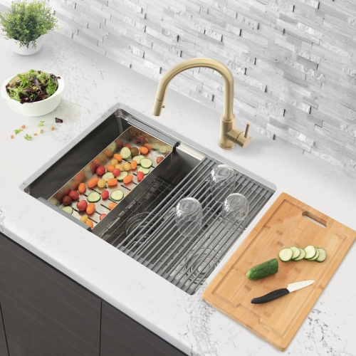 STYLISH 28 inch Workstation 60/40 Double Bowl Undermount 16 Gauge Stainless Steel Kitchen Sink with Accessories included