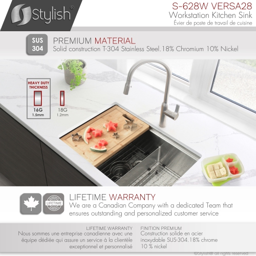 STYLISH 28 inch Workstation 60/40 Double Bowl Undermount 16 Gauge Stainless Steel Kitchen Sink with Accessories included