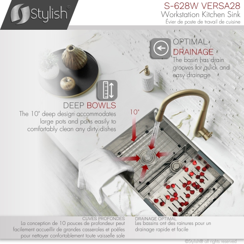 STYLISH 28 inch Workstation 60/40 Double Bowl Undermount 16 Gauge Stainless Steel Kitchen Sink with Accessories included