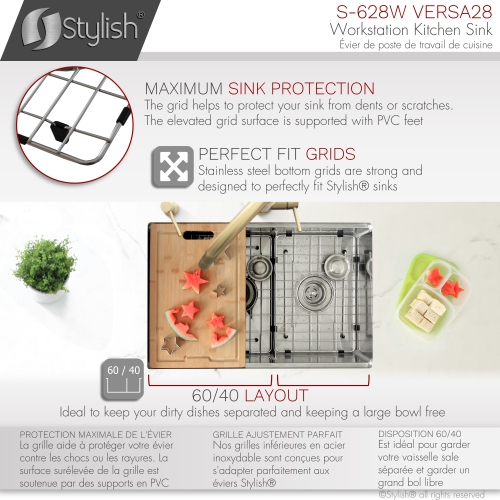 STYLISH 28 inch Workstation 60/40 Double Bowl Undermount 16 Gauge Stainless Steel Kitchen Sink with Accessories included