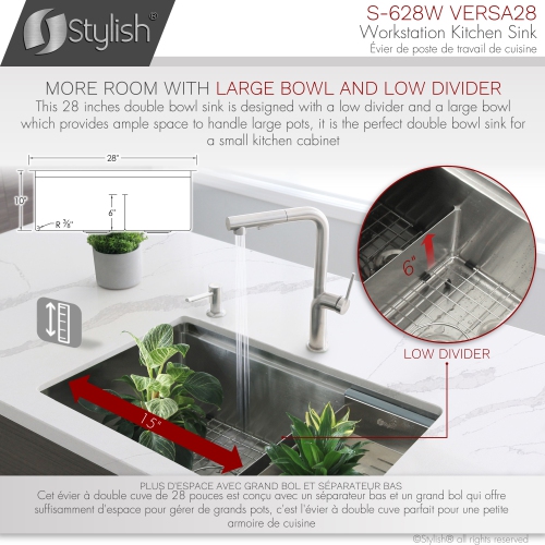 STYLISH 28 inch Workstation 60/40 Double Bowl Undermount 16 Gauge Stainless Steel Kitchen Sink with Accessories included