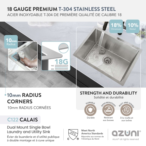 AZUNI Calais Dual Mount 22" Single-Bowl Stainless Steel Utility Laundry Sink C122