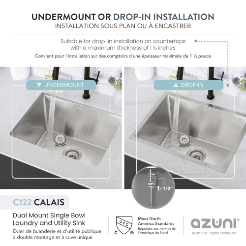 AZUNI Calais Dual Mount 22" Single-Bowl Stainless Steel Utility Laundry Sink C122