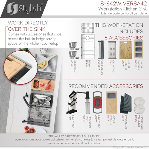 STYLISH 42 inch Workstation 70/30 Double Bowl Undermount 16 Gauge Stainless Steel Kitchen Sink with Accessories included