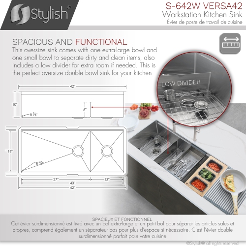 STYLISH 42 inch Workstation 70/30 Double Bowl Undermount 16 Gauge Stainless Steel Kitchen Sink with Accessories included
