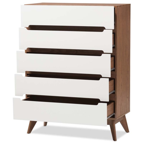 Bowery Hill Mid-Century 5 Drawer Chest in White and Walnut