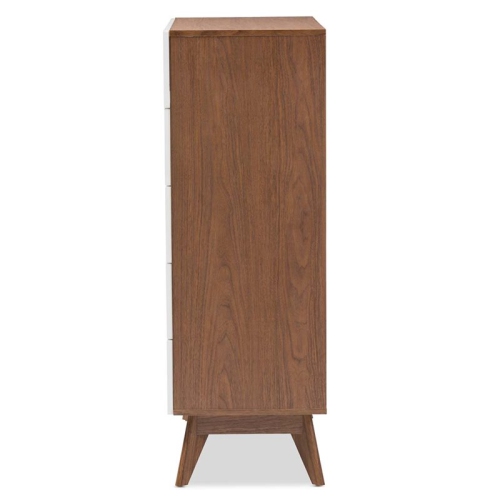 Bowery Hill Mid-Century 5 Drawer Chest in White and Walnut