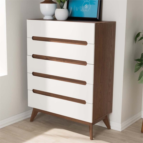 Baxton Studio Calypso 5 Drawer Chest in White and Walnut