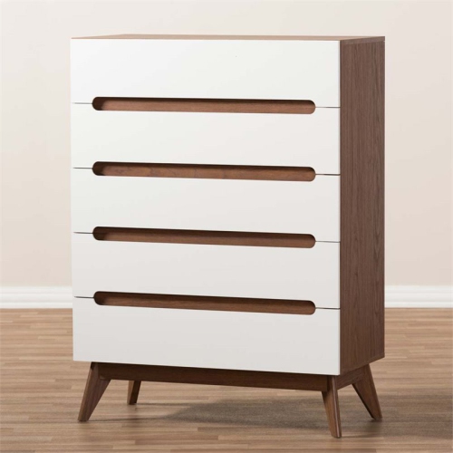 Baxton Studio Calypso 5 Drawer Chest in White and Walnut