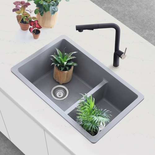 STYLISH 27 inch Double Bowl 60/40 Dual Mount Composite Granite Kitchen Sink Gray S-827L