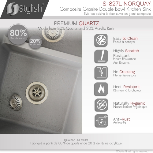 STYLISH 27 inch Double Bowl 60/40 Dual Mount Composite Granite Kitchen Sink Gray S-827L