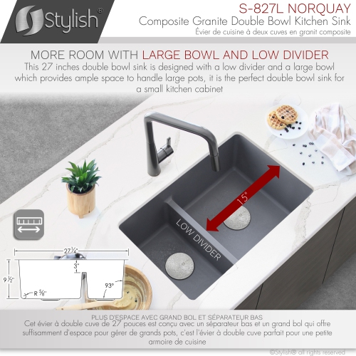 STYLISH 27 inch Double Bowl 60/40 Dual Mount Composite Granite Kitchen Sink Gray S-827L