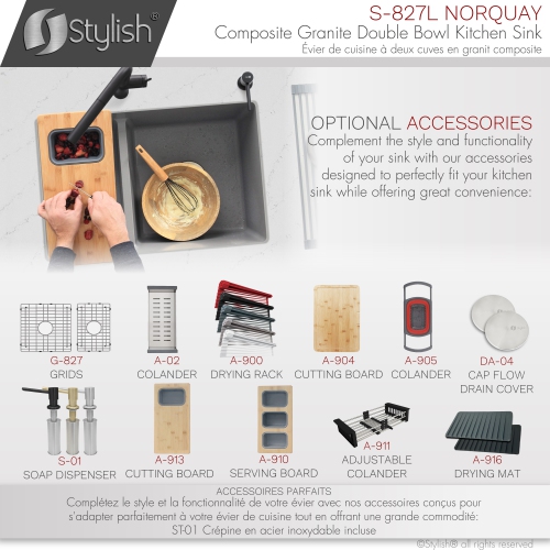 STYLISH 27 inch Double Bowl 60/40 Dual Mount Composite Granite Kitchen Sink Gray S-827L