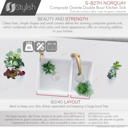 STYLISH 27 inch Double Bowl 60/40 Dual Mount Composite Granite Kitchen Sink White S-827H