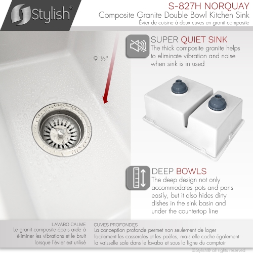 STYLISH 27 inch Double Bowl 60/40 Dual Mount Composite Granite Kitchen Sink White S-827H