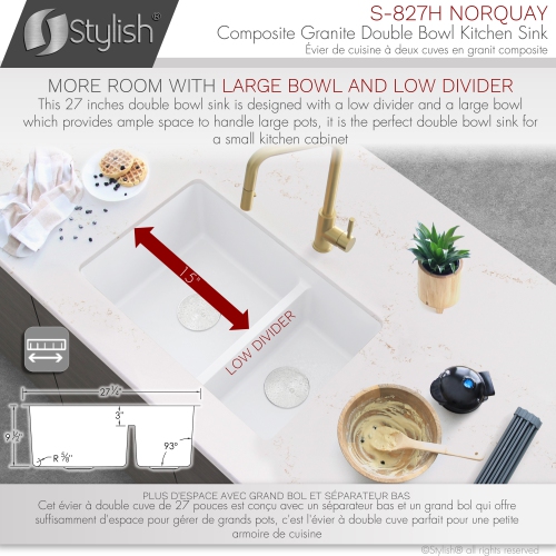 STYLISH 27 inch Double Bowl 60/40 Dual Mount Composite Granite Kitchen Sink White S-827H