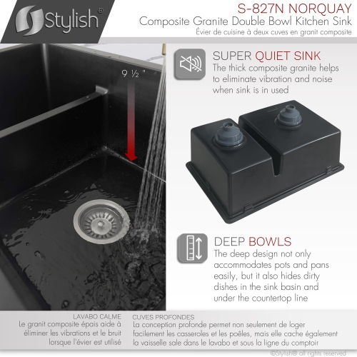 STYLISH 27 inch Double Bowl 60/40 Dual Mount Composite Granite Kitchen Sink Black S-827N