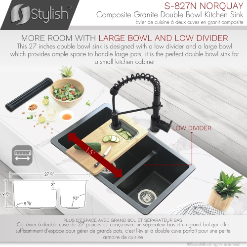 STYLISH 27 inch Double Bowl 60/40 Dual Mount Composite Granite Kitchen Sink Black S-827N