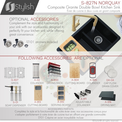 STYLISH 27 inch Double Bowl 60/40 Dual Mount Composite Granite Kitchen Sink Black S-827N