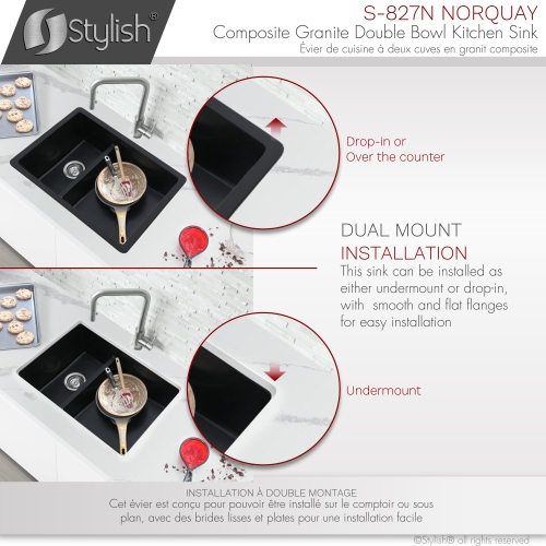 STYLISH 27 inch Double Bowl 60/40 Dual Mount Composite Granite Kitchen Sink Black S-827N