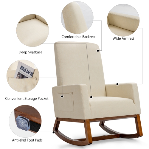 Chaise berçante mi-siècle confortable à dossier haut de TopBuy, beige
