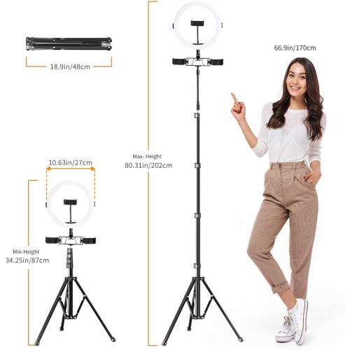 Strong Ring Light with Stand, 3 Phone Holders, Remote Control, Dimmable Ring Light