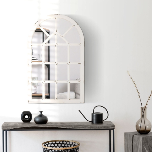 HOMCOM 43x27.5 inch Wall Mirror, Arch Window Mirror for Bedroom, Rustic White