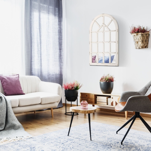 HOMCOM 43x27.5 inch Wall Mirror, Arch Window Mirror for Bedroom, Rustic White