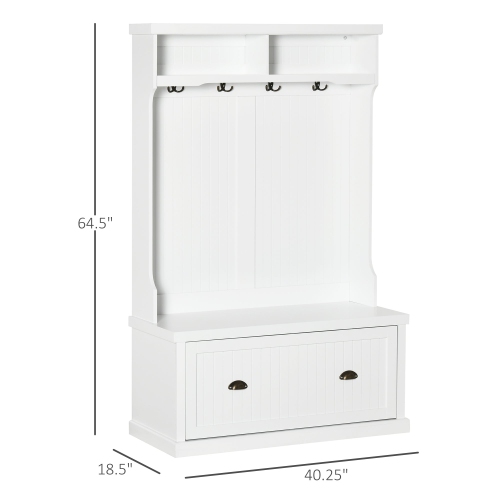 Garde-robe ouvert 3-en-1 avec armoire à chaussures, banc à 4 crochets, 2 tablettes, blanc