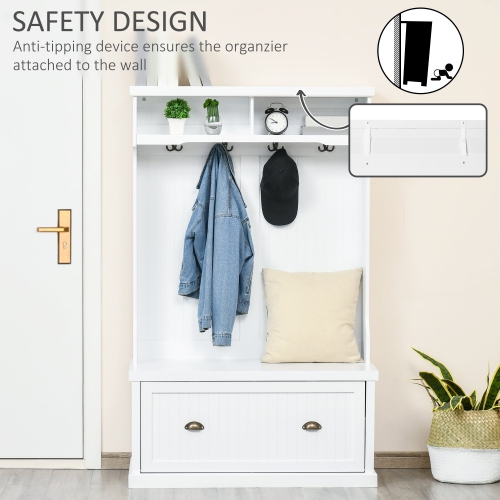 Garde-robe ouvert 3-en-1 avec armoire à chaussures, banc à 4 crochets, 2 tablettes, blanc