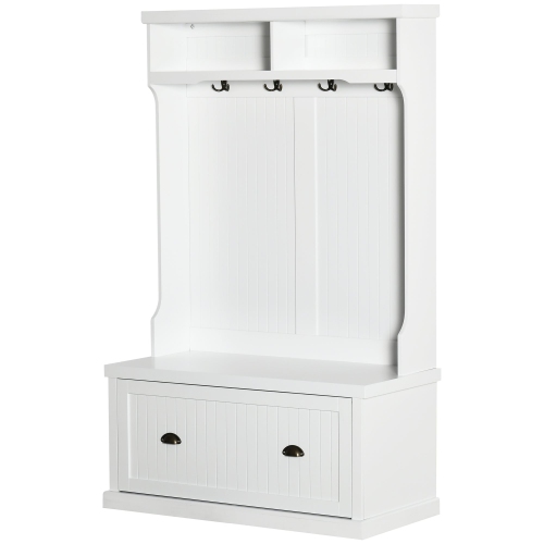 Garde-robe ouvert 3-en-1 avec armoire à chaussures, banc à 4 crochets, 2 tablettes, blanc