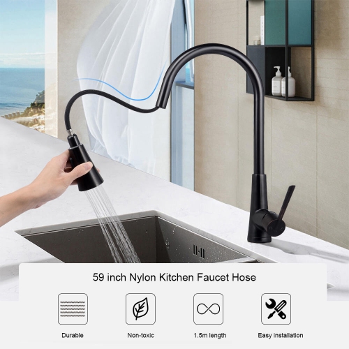 59-inch Nylon Pull-Down Kitchen Faucet Replacement Hose with Matte Black Finish Head Fit for Most Faucet