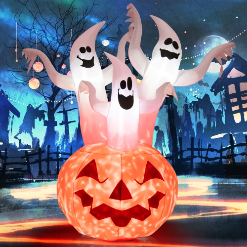 GYMAX  6' Halloween Ghost Blow Up Yard Pumpkin Decor W/ Built-In Led & Blower