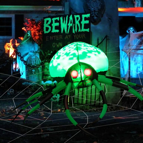 GYMAX  5' Long Halloween Inflatable Creepy Black Legs Spider W/ Cobweb & Leds In Green