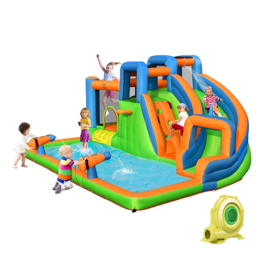 GYMAX  Inflatable Water Slide Giant Bounce Castle W/ Dual Climbing Walls & 680W Blower